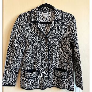 CHICO'S Knit Cardigan Sweater Jacquard Silky Soft Black White Size 1 Silk/Cotton